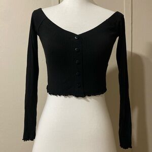 Forever 21 Black Off-the shoulder Lettuce-edge Long Sleeve Crop Top, Size Small
